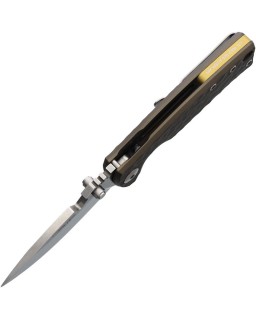 DPx Gear HEST F M390 steel blade with a stonewash finish and a hammered bronze titanium handle