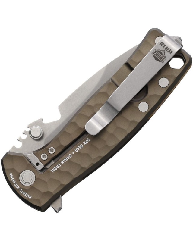 DPx Gear HEST F M390 steel stonewash finish blade hammered bronze titanium handle