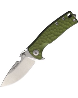 DPx Gear HEST F M390 steel stonewash finish blade hammered green titanium handle