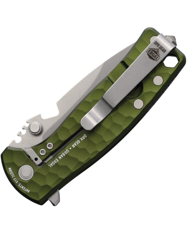 DPx Gear HEST F M390 steel stonewash finish blade hammered green titanium handle