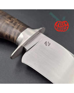 Sam Lurquin Tsavo Fighter satin finish forged 80CrV2 carbon steel blade curly maple wood handle black leather sheath