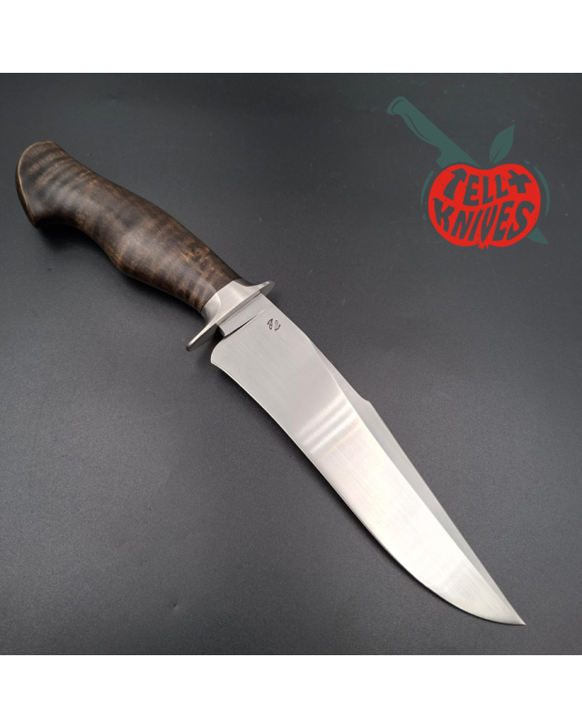 Sam Lurquin Tsavo Fighter satin finish forged 80CrV2 carbon steel blade curly maple wood handle black leather sheath