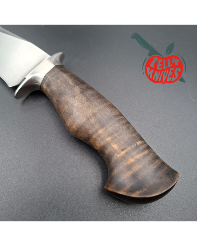 Sam Lurquin Tsavo Fighter satin finish forged 80CrV2 carbon steel blade curly maple wood handle black leather sheath