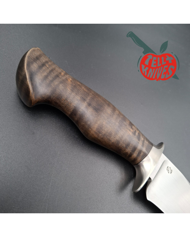 Sam Lurquin Tsavo Fighter satin finish forged 80CrV2 carbon steel blade curly maple wood handle black leather sheath