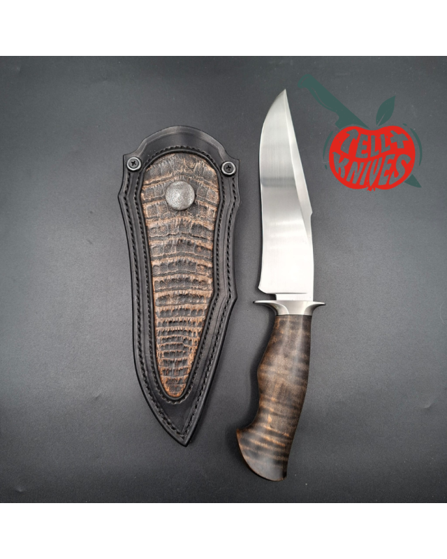 Sam Lurquin Tsavo Fighter satin finish forged 80CrV2 carbon steel blade curly maple wood handle black leather sheath