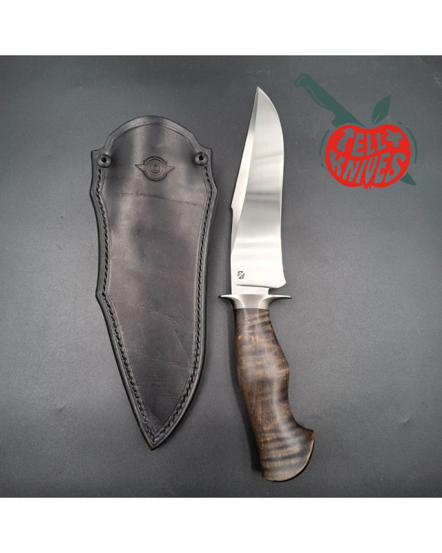 Sam Lurquin Tsavo Fighter satin finish forged 80CrV2 carbon steel blade curly maple wood handle black leather sheath