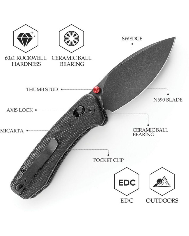 Trivisa Koala folding knife with an N690 stainless steel blade, blackwash finish, Crossbar Lock and black canvas micarta handle
