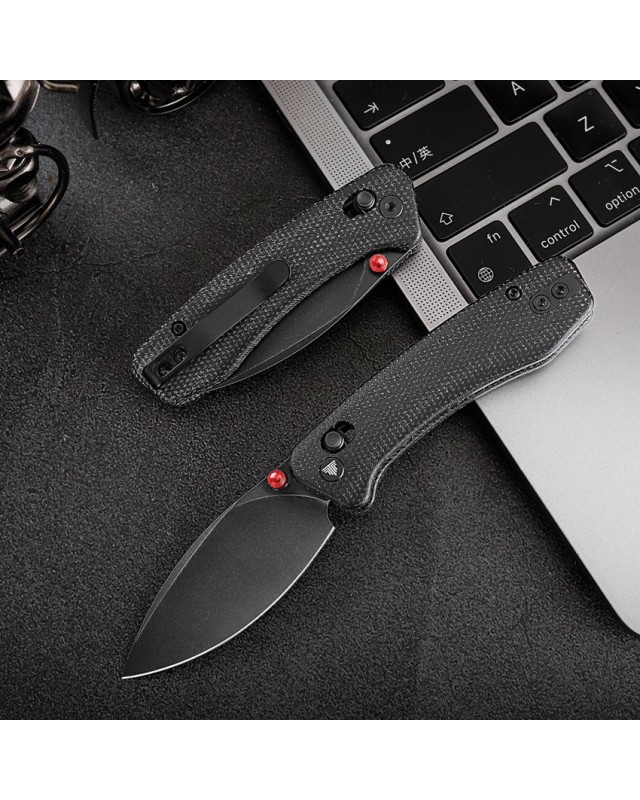 Trivisa Koala folding knife with an N690 stainless steel blade, blackwash finish, Crossbar Lock and black canvas micarta handle