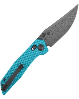 Tenable Deadite Damascus Blade Crossbar Lock Blue Aluminium Handle