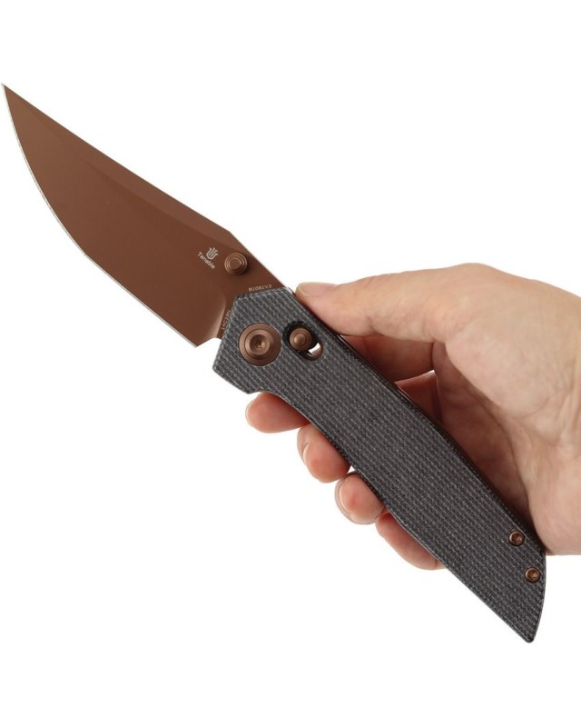 Tenable Deadite Gold TiNi coated 14C28N Sandvik stainless steel Blade Crossbar Lock Black Canvas Micarta Handle