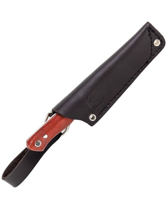 Condor Mini Firewater Fixed-Blade Knife, Scandi Grind, 1095HC carbon steel, red canvas Micarta handle, black leather sheath