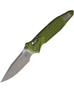 Microtech Socom M390MK aus Stahl, „Apocalyptic“-Oberfläche, OD-Grün, Frag-Muster, Aluminiumgriff, RAM-Lock
