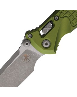 Microtech Socom M390MK aus Stahl, „Apocalyptic“-Oberfläche, OD-Grün, Frag-Muster, Aluminiumgriff, RAM-Lock