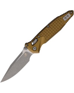 Microtech Socom M390MK aus Stahl, „Apocalyptic“-Oberfläche, hellbraunes „Frag“-Muster, Aluminiumgriff, RAM-Lock