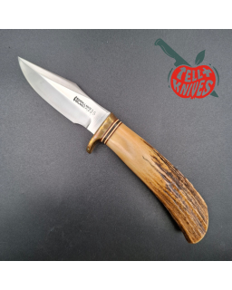 Randall Made Knives, 1970s Model 8-4, forged stainless steel, sambar stag handle, brass guard, brown leather sheath