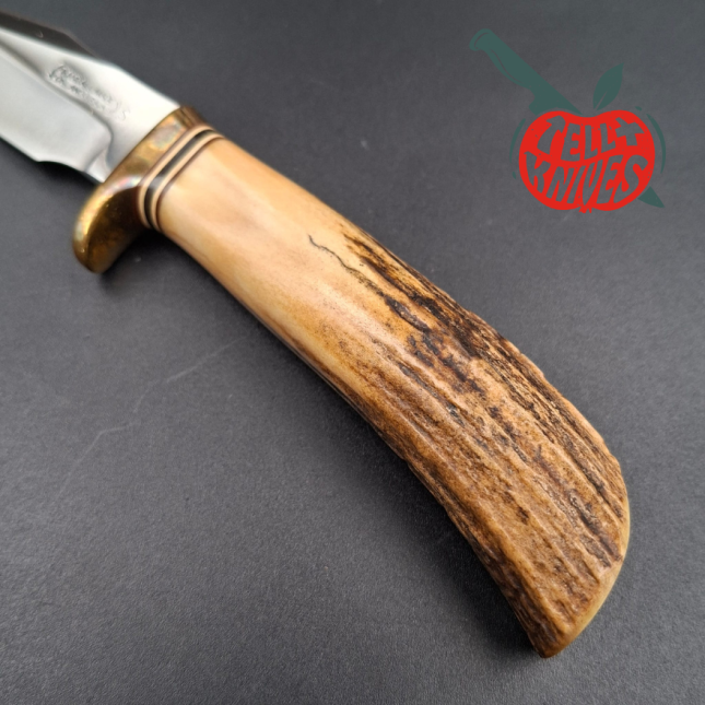 Randall Made Knives 1970ies Model 8-4 forged stainless steel sambar stag handle brass guard brown leather sheath