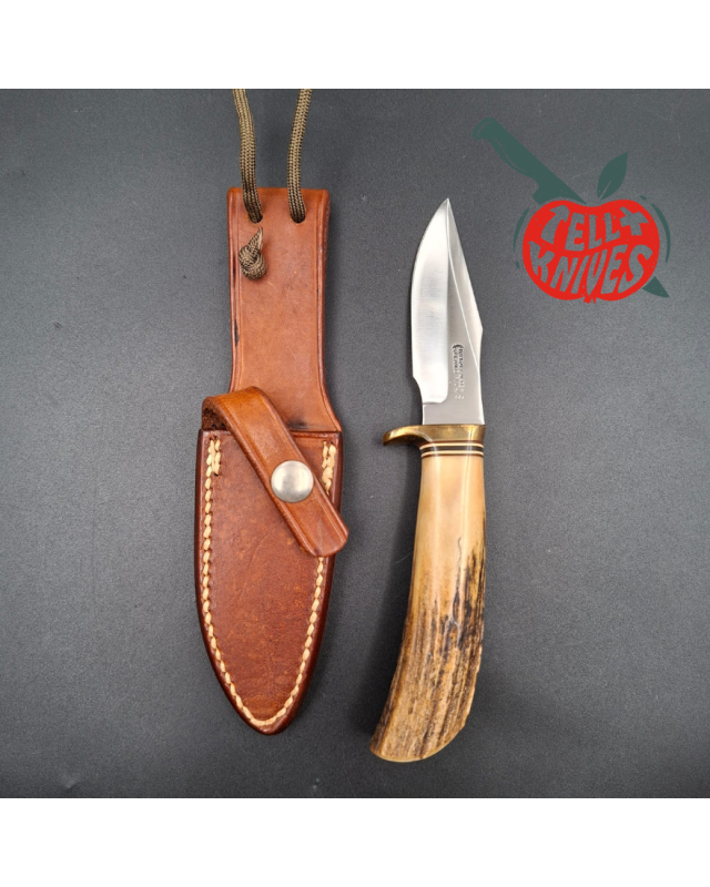 Randall Made Knives 1970ies Model 8-4 forged stainless steel sambar stag handle brass guard brown leather sheath
