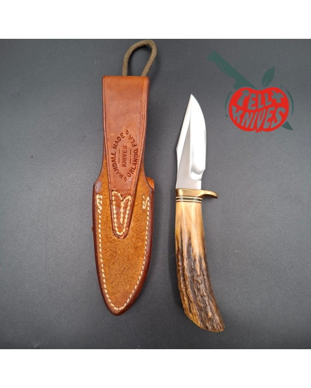 Randall Made Knives 1970ies Model 8-4 forged stainless steel sambar stag handle brass guard brown leather sheath