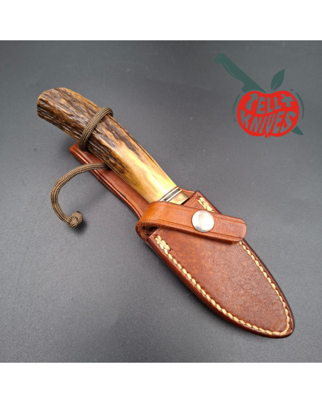 Randall Made Knives 1970ies Model 8-4 forged stainless steel sambar stag handle brass guard brown leather sheath