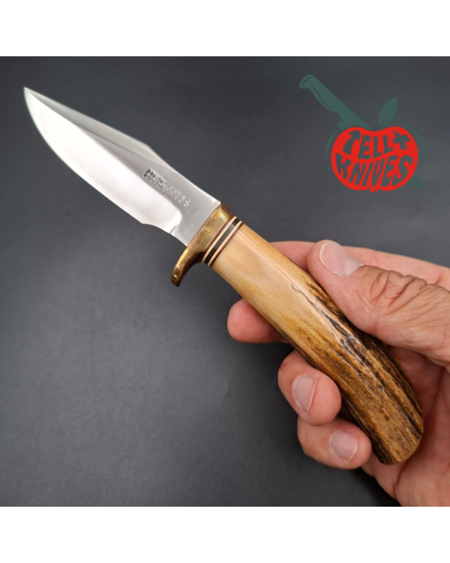 Randall Made Knives 1970ies Model 8-4 forged stainless steel sambar stag handle brass guard brown leather sheath
