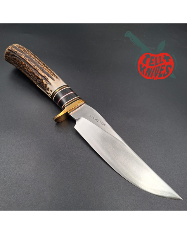 Randall Made Knives RKS3 1997: lama in acciaio al carbonio forgiato, manico in corno di cervo, fodero in pelle marrone