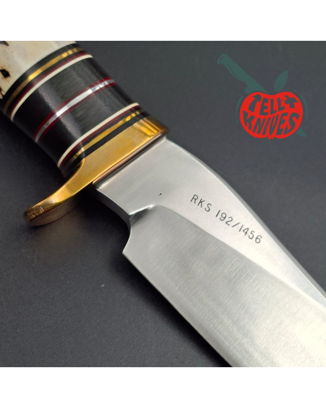 Randall Made Knives RKS3 1997 – Klinge aus geschmiedetem Kohlenstoffstahl, Griff aus Hirschhorn, braune Lederscheide