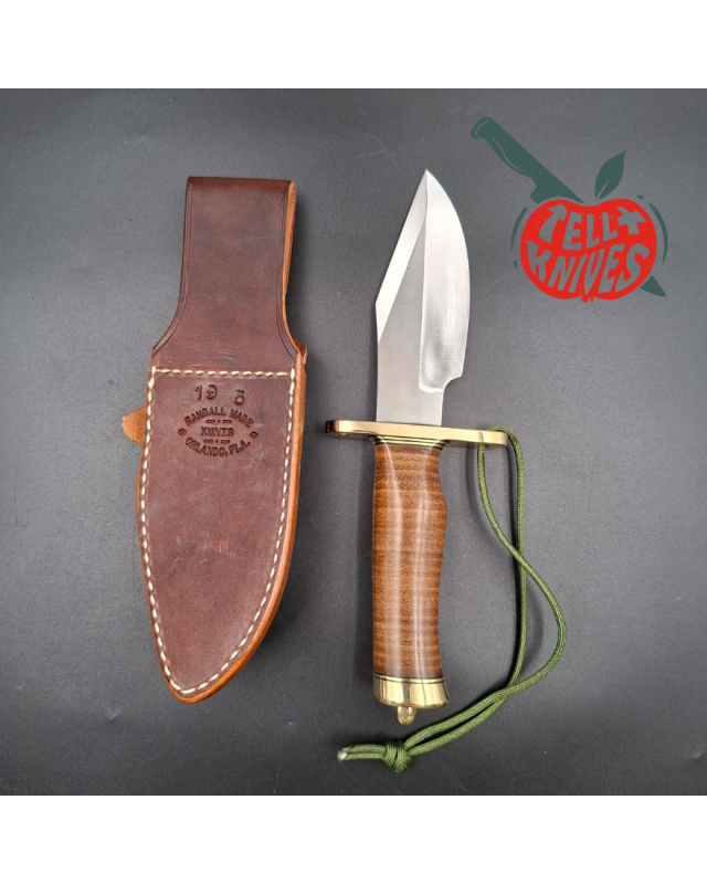 Randall Made Knives Model 19-5 Bushmaster forged carbon steel stacked leather handle brass guard and pommel