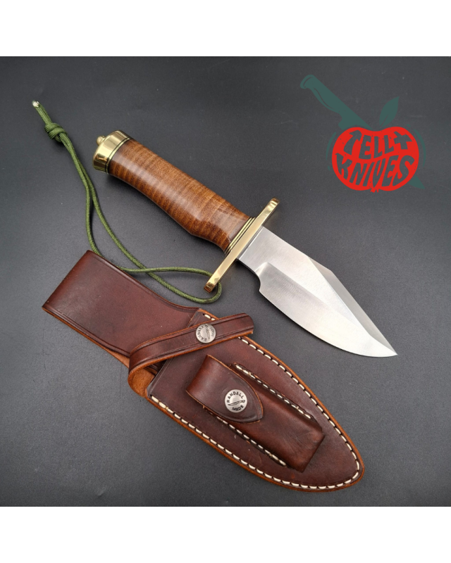 Randall Made Knives Model 19-5 Bushmaster forged carbon steel stacked leather handle brass guard and pommel