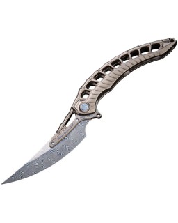 Coltello RIKE Alien 4 con lama in Damasteel e manico in titanio scheletrato grigio scuro, tipo Flipper