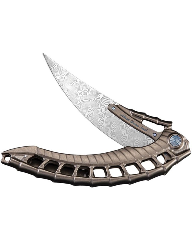 RIKE Knife Alien 4: Damasteel blade, dark grey skeletonised titanium handle, flipper