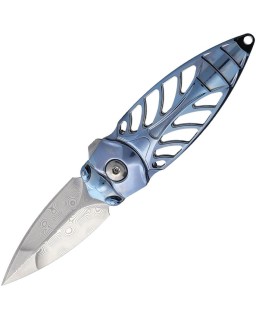 RIKE Knife Mini Cicada Damascus Dagger Blade Flipper Lock Blue Titanium handle