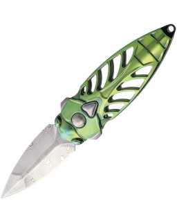 RIKE Knife Mini Cicada Damaszener-Dolchklinge, Flipper-Verriegelung, grüner Titan-Griff
