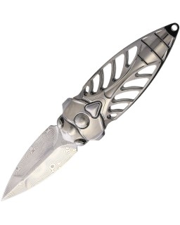 RIKE Knife Mini Cicada Damascus Dagger Blade Flipper Lock Silver Titanium handle