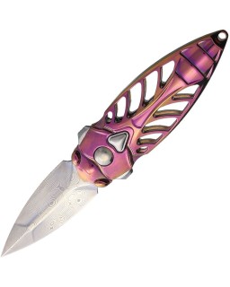 RIKE Knife Mini Cicada, lama a pugnale in acciaio Damasco, chiusura a flipper, manico in titanio rosa