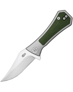 Auxiliary Manufacturing Pocket Bowie Satin M390 Steel Blade Gray Titanium Handle Green Micarta Inlay