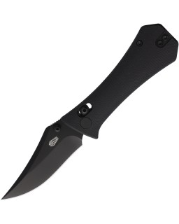Auxiliary Manufacturing Pocket Bowie mit Querstangenschloss, Blackwash, Sandvik 14C28N, schwarzer Micarta-Griff