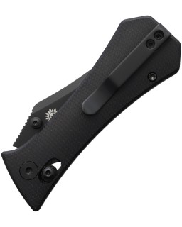 Auxiliary Manufacturing Pocket Bowie mit Querstangenschloss, Blackwash, Sandvik 14C28N, schwarzer Micarta-Griff