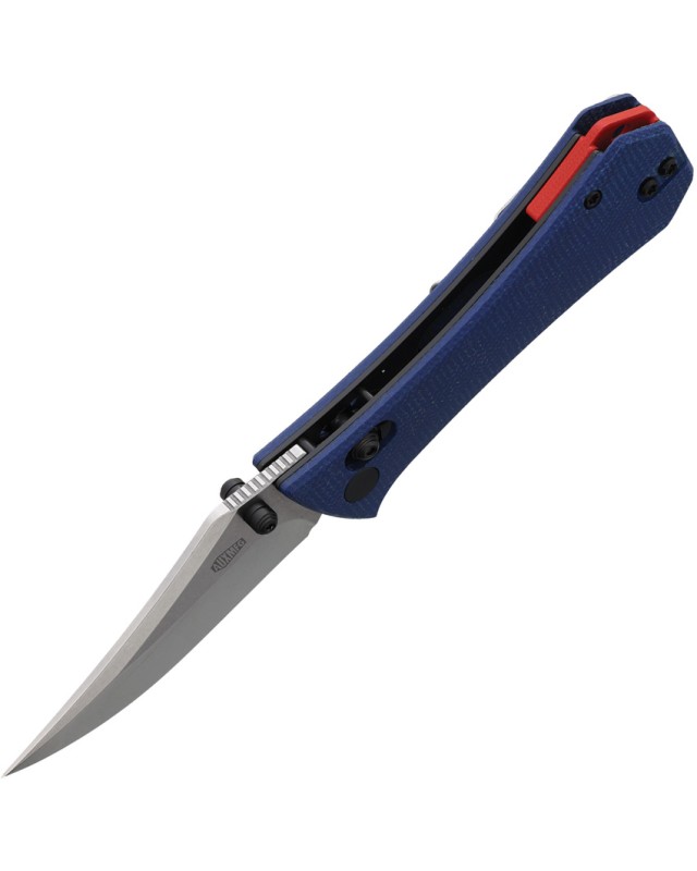 Auxiliary Manufacturing Pocket Bowie Crossbar Lock Stonewash 14C28N Steel Blade Blue Canvas Micarta Handle