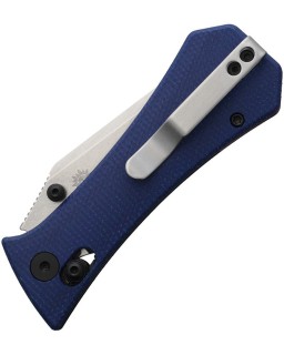 Auxiliary Manufacturing Pocket Bowie Tanto Crossbar lock Stonewash 14C28N Steel Blade Blue Canva Micarta Handle
