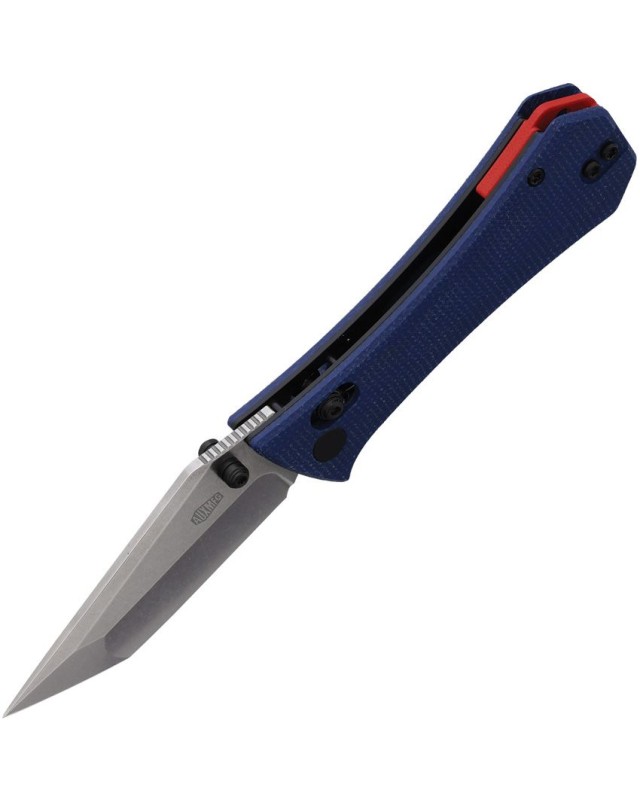 Auxiliary Manufacturing Pocket Bowie Tanto Crossbar lock Stonewash 14C28N Steel Blade Blue Canva Micarta Handle