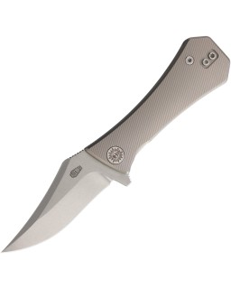 Pocket Bowie ausiliario, framelock, lama in acciaio M390 con finitura stonewash, manico in titanio grigio