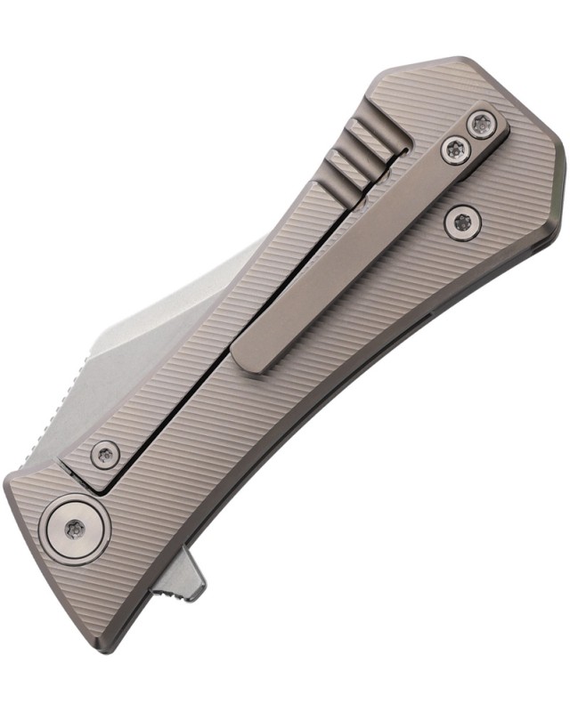 Auxiliary Manufacturing Pocket Bowie Framelock Stonewash M390 Steel Blade Gray Titanium Handle