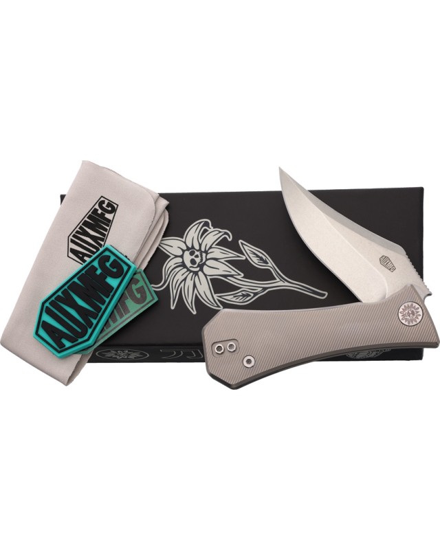 Auxiliary Manufacturing Pocket Bowie Framelock Stonewash M390 Steel Blade Gray Titanium Handle