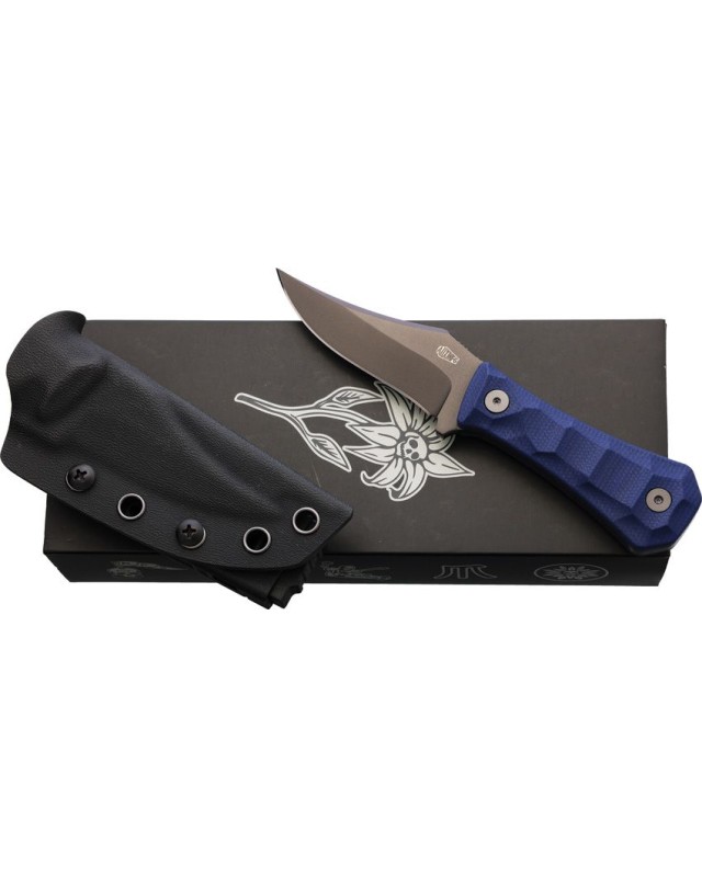 Auxiliary Manufacturing Deadhead Pocket Bowie fixed-blade knife, grey-coated 14C28N stainless steel, blue canvas micarta handle