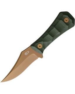 Auxiliary Manufacturing Deadhead Pocket Bowie fixed-blade, gold-rose-coated 14C28N stainless steel, green Canva Micarta handle