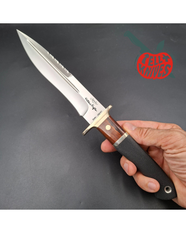 Junglee Hattori FT200 Fighter SEKI Japan MVS-8 stainless steel blade cocobolo wood and Kraton handle black leather sheath