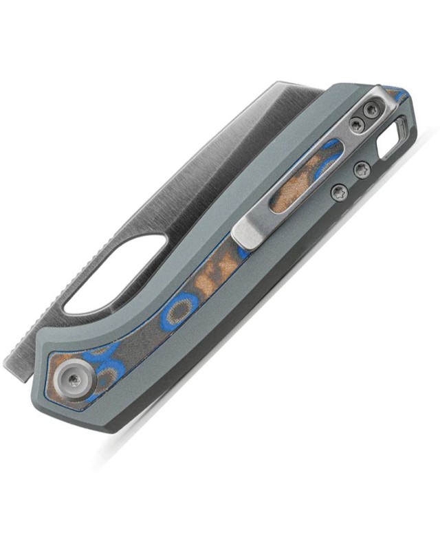 Vosteed KROC stonewashed S35VN Sheepfoot Blade grey aluminium handle with Ocean micarta inlay linerlock button