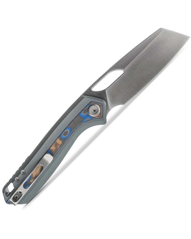 Vosteed KROC stonewashed S35VN Sheepfoot Blade grey aluminium handle with Ocean micarta inlay linerlock button