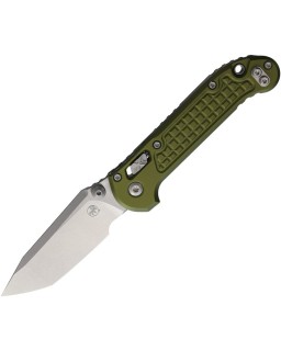 Microtech LUDT M390MK steel stonewash finish Tanto blade frag pattern OD Green aluminum handle RAM Lock