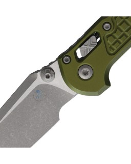 Microtech LUDT M390MK steel Apocalyptic finish Tanto blade frag pattern OD Green aluminum handle RAM Lock